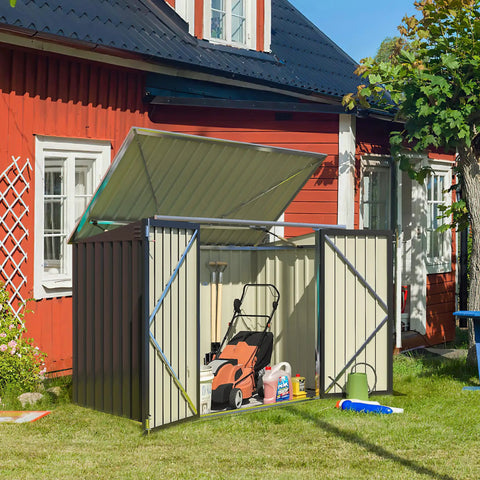 5.8x3.3 Ft Outdoor Storage Shed With Steel Frame Galvanized Metal Construction with lid open, lawn tools visible
