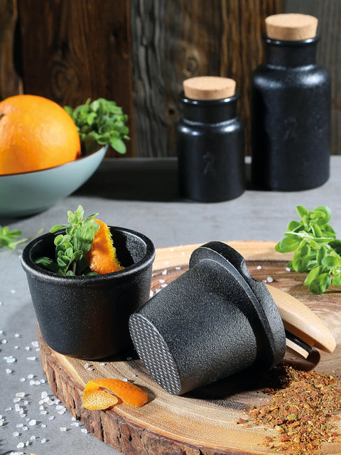 Cast Iron Spice Grinder Set With Beech Wood Lid For Spices Herbs And Seeds, 3 Inch Black Grinder For Fresh Flavor, Chef Grade Kitchen Tool Built To Last And Grind Fast