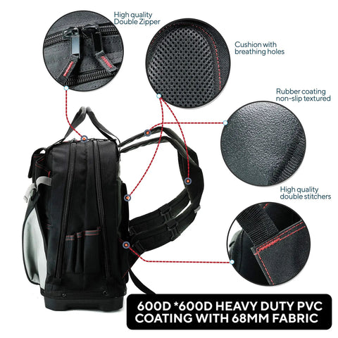 Heavy Duty Tool Backpack With Reinforced Bottom Waterproof PVC Coating Padded Back Support Breathable Fabric Real Workhorse details