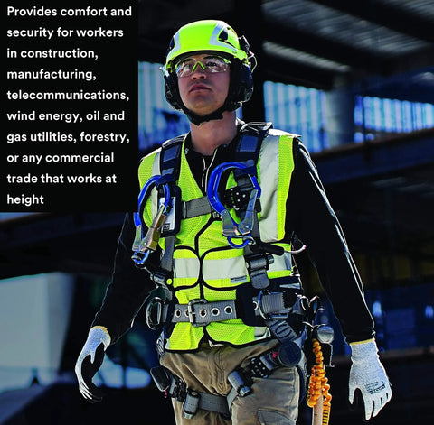 Worker wearing climbing style inspired safety helmet with six point suspension, vented for all day cool comfort, Scotchlite reflective trim, hi visibility green, ANSI X5014VX construction hard hat for worksites and tough jobs.