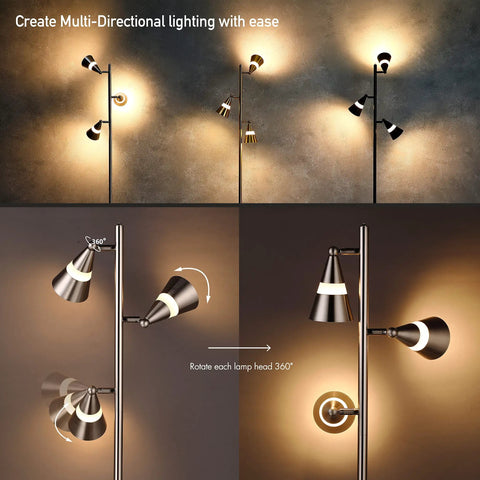 Ash 3 Light LED Tree Floor Lamp with dimmable three head LED multidirectional standing lamp shown in brushed nickel finish