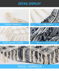 Close-up of Two Person Indoor Garden Hammock With Tassels And Deluxe Macrame Fringe, fishtail weaving, and durable fabric details.
