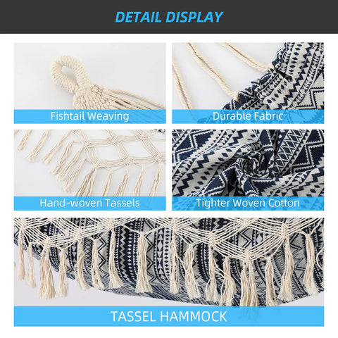 Close-up of Two Person Indoor Garden Hammock With Tassels And Deluxe Macrame Fringe, fishtail weaving, and durable fabric details.