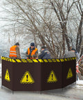 Workers using Top Notch Heavy Duty Debris Containment Barrier For Tree Work 4 Panel Safety Barricade Foldable Oxford Fabric Shield.