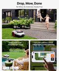 Navimow I215 LiDAR Robot Lawn Mower with Auto Mapping and Voice Control in garden, app interface display, wireless setup