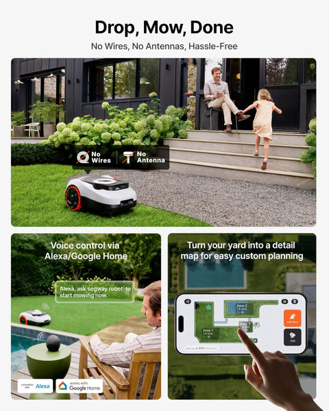 Navimow I215 LiDAR Robot Lawn Mower with Auto Mapping and Voice Control in garden, app interface display, wireless setup