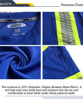 Close-up of Hi Vis Long Sleeve Safety T Shirt showing features such as reflective neon trim and Birdseye mesh fabric in blue.