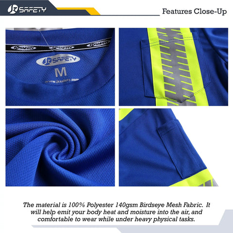 Close-up of Hi Vis Long Sleeve Safety T Shirt showing features such as reflective neon trim and Birdseye mesh fabric in blue.
