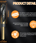 5/8 Inch Drill Bit With Reduced Shank Engineered For Metal Wood And Plastic Premium High Speed Steel, 6 inches long, black and gold coated.