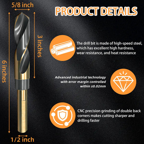 5/8 Inch Drill Bit With Reduced Shank Engineered For Metal Wood And Plastic Premium High Speed Steel, 6 inches long, black and gold coated.