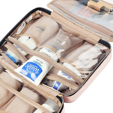 Travel Toiletry Bag For Women, Hanging Organizer For Travel Size Shampoos, Conditioners And Makeup Brushes, Compact 10.4 By 4.5 By 8 Inches, Medium Pink Cosmetic Bag, On The Go Carry On Ready with mesh pockets