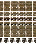 Forty Two Piece Antique Bronze Mini Iron Hinges Set With Rounded Corners and screws in a grid layout for DIY projects and cabinets.