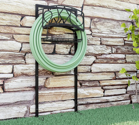 Freestanding Garden Hose Organizer With Black Powder Coat Finish Heavy Duty Detachable Hose Stand Holds 150 Ft Of Hose Includes Storage Basket And Assembly Tools For Outdoor Use Weather Resistant Steel in garden setup