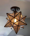 Star Shaped One Light Semi Flush Pendant With Antique Bronze Finish And Mercury Glass Shade Modern Night Sky Vibe Ceiling Light For Living Room Or Bedroom Metal And Glass Fixture With Easy Install