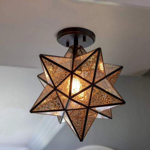 Star Shaped One Light Semi Flush Pendant With Antique Bronze Finish And Mercury Glass Shade Modern Night Sky Vibe Ceiling Light For Living Room Or Bedroom Metal And Glass Fixture With Easy Install