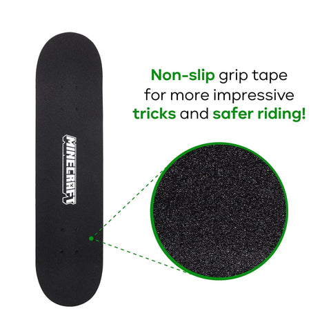 Close-up of black non-slip grip tape on Minecraft Mob 31 Inch Skateboard With 9-Ply Maple Deck For Cruising, Carving, Tricks And Downhill