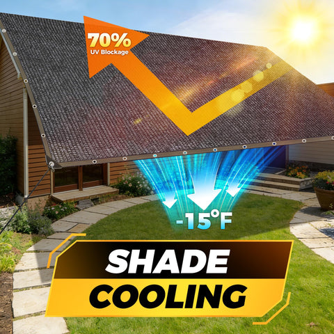 Seventy Percent Shade Cloth 10x20 Feet Shade Net Mesh Tarp With Grommets Black Over Patio Showing UV Blockage