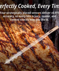 Wireless Meat Thermometer With WiFi And Sub 1GHz RF in steak, demonstrating precise temperature monitoring in BBQ grill.