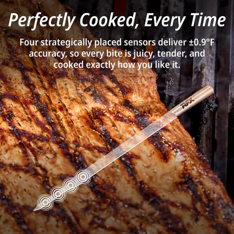 Wireless Meat Thermometer With WiFi And Sub 1GHz RF in steak, demonstrating precise temperature monitoring in BBQ grill.
