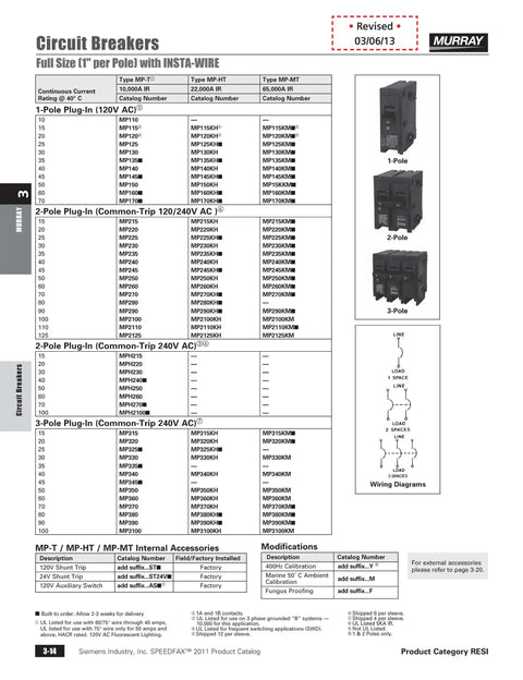 Catalog page listing 15 Amp Double Pole MP-T Circuit Breaker For 240V Systems With Insta Wire Plug In Connection No Fuss Install 10000 AIC Interrupting Rating Easy Enclosure Compatible With Common Load Centers.