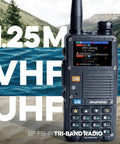 Beefed Up Tri Band 10 Watt Portable Two Way Radio With GPS And NOAA Weather Alerts, VHF UHF Aviation Scanner on sand by water