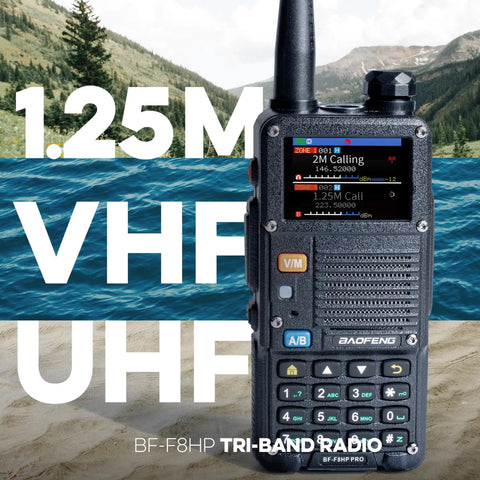 Beefed Up Tri Band 10 Watt Portable Two Way Radio With GPS And NOAA Weather Alerts, VHF UHF Aviation Scanner on sand by water