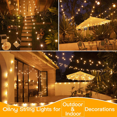 Weatherproof 50Ft Outdoor String Lights With 25 Edison Bulbs And 2 Spare LEDs, IP45 waterproof patio setup with umbrella at night