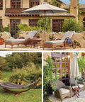Outdoor patio with lounge chairs and umbrella, garden hammock, and seating area with umbrella in a lush garden setting.