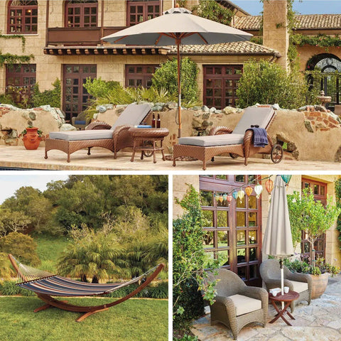 Outdoor patio with lounge chairs and umbrella, garden hammock, and seating area with umbrella in a lush garden setting.