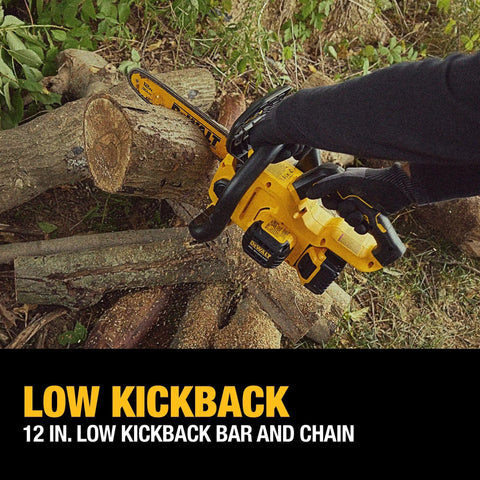 Person using 12-inch 20V Max Cordless Chainsaw Kit with battery and charger included, showing low kickback bar and chain