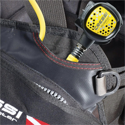 Close-up of Solid Jacket Style BCD For Scuba Diving Black Red 2XS with regulator pocket and durable stitching detail for dive centers.