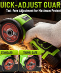 3 Inch Mini Cordless Angle Grinder Delivering Top Shelf 16.8V Power with quick-adjust guard and cutting disc in use.