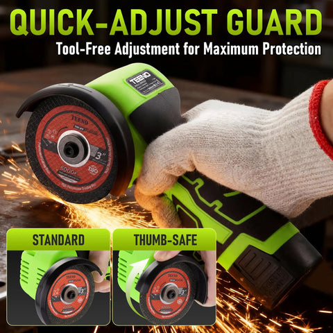 3 Inch Mini Cordless Angle Grinder Delivering Top Shelf 16.8V Power with quick-adjust guard and cutting disc in use.