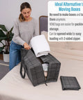 Woman packing clothes into Eight Pack Moving Bags And Storage Totes With Lids, 86 Liter, black windowpane design on bed.