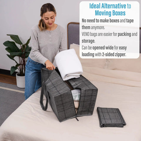 Woman packing clothes into Eight Pack Moving Bags And Storage Totes With Lids, 86 Liter, black windowpane design on bed.
