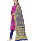 Woman wearing Pink Banarasi Silk Dress Material Set For Women With Navy Bottom And Navy Dupatta Unstitched Top 2m Bottom 2.3m Dupatta 2.25m