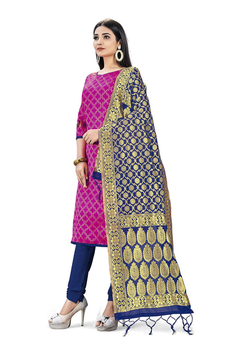 Woman wearing Pink Banarasi Silk Dress Material Set For Women With Navy Bottom And Navy Dupatta Unstitched Top 2m Bottom 2.3m Dupatta 2.25m