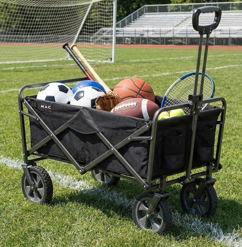 Collapsible Folding Outdoor Utility Wagon With Large Capacity And Easy Setup, heavy duty foldable wagon filled with sports gear, black.