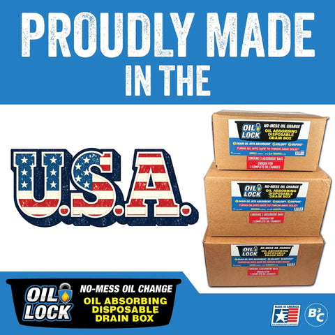 No Mess Oil Change Drain Box Three Pack Small Size for Up To Two And A Half Quarts Each proudly made in USA packaging.