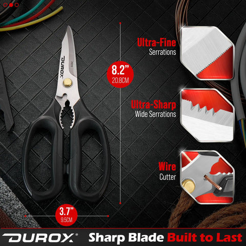 Heavy Duty Multipurpose Scissors For Home And Workshop Cut Leather Cardboard Carpet Plastic Rope Meat Poultry Bones Kitchen Shears For DIY Garden Garage Projects Designed For Tough Daily Use By Pros And DIY Folks And Home Makers. 8.2 in black handle scissors