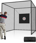 Backyard Batting Cage Netting With Target 10ft By 10ft By 10ft Frame Not Included Includes 4 Carabiners And 2 Tie Ropes Durable Polyester Mesh For Baseball Practice Black with golfer practicing swing.
