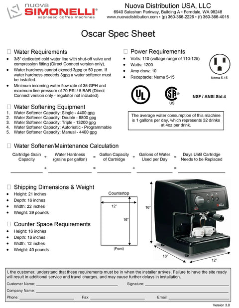 Oscar Direct Connect Version Black Espresso Machine With Copper Boiler For 110V Power Compact 32 Cm Wide Space Saver shown on spec sheet