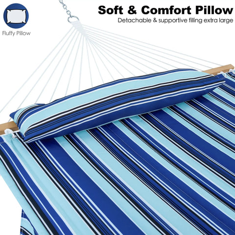 Ultra Comfy Double 12 Foot Quilted Fabric Hammock For Outdoors Or Backyard With Spreader Bar Large Removable Pillow Storage