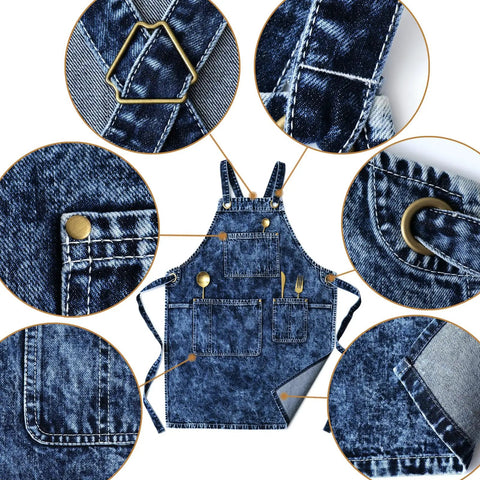 Close-up of Denim Apron For Men With Towel Loop And Tool Pockets, Special Washed Style with brass hardware and tool details