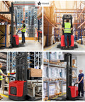 High Capacity Walkie Pallet Stacker With Electric Power in warehouse, showcasing adjustable forks and operators handling cargo.