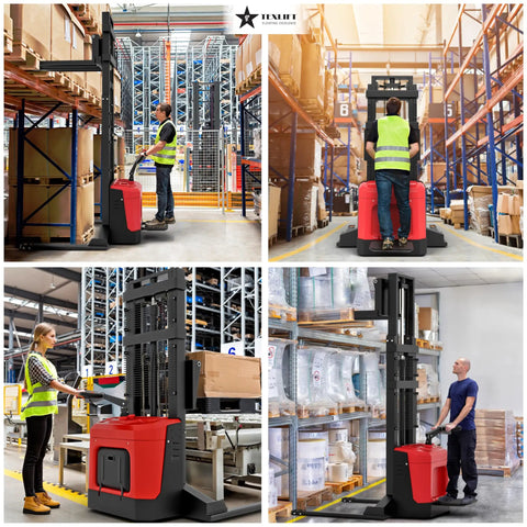 High Capacity Walkie Pallet Stacker With Electric Power in warehouse, showcasing adjustable forks and operators handling cargo.