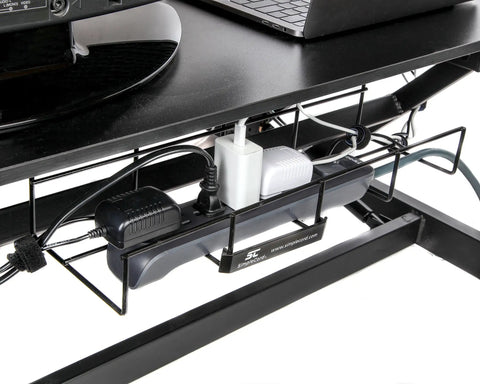 Cord Wire Tray Desk Cable Organizer 32 Inch Open Slot Raceway To Tidy Cables Wires And Cords On Desks Office Cable Management Kit Pack Of 2 Black installed under desk organizing cables and power supply in office setting