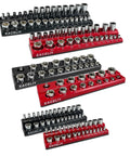 Must-Have 6-Piece Magnetic Socket Organizer Set For SAE And Metric Sockets Holds 141 Shallow And Deep One Half Inch One Quarter Inch And Three Eighth Inch Sockets With Two Adapters Attaches To Steel Box Or Tool Cart Durable ABS