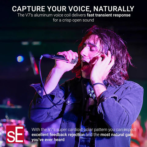 Musician singing with V7 Dynamic Microphone For Singing, Speech And Studio Recording With Supercardioid Pattern, black.