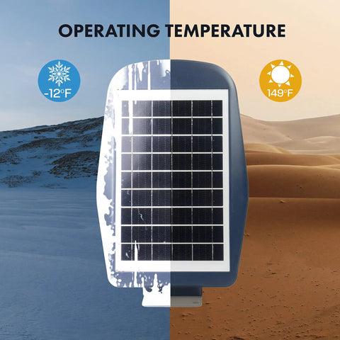Super Bright 3000 Lumen Solar Street Light With Remote Outdoor Solar Powered Flood Light Dusk To Dawn Waterproof Motion Sensor For Yard Garden Path Parking Lot No Fuss Install with cold and hot operating temperatures depicted
